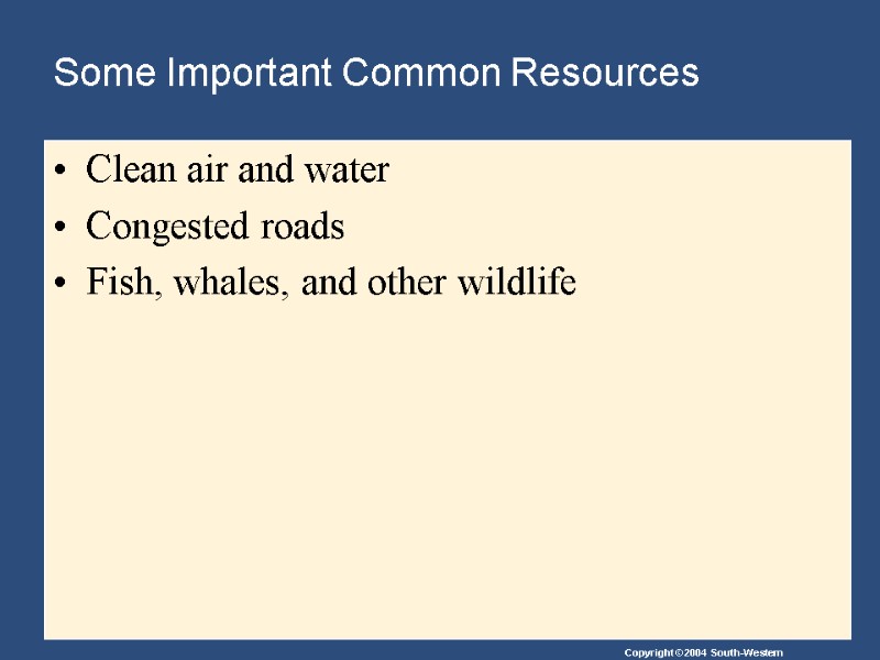 Some Important Common Resources Clean air and water Congested roads Fish, whales, and other